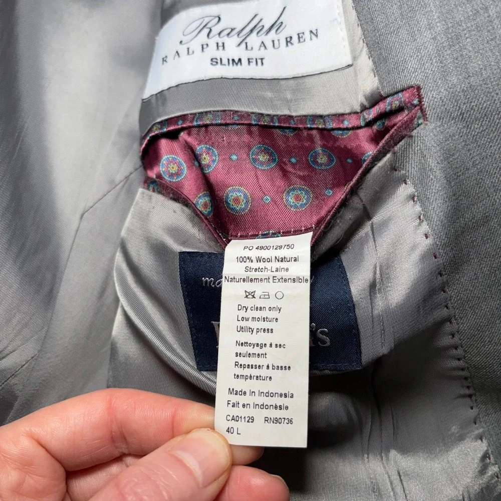 Ralph Lauren Slim Fit Mens 40L Gray 100% Wool Blazer Sport Coat 2-Button